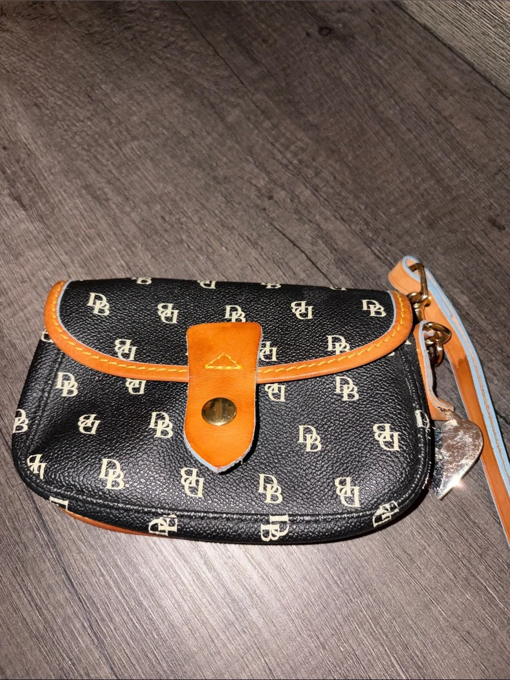 Dooney & Bourke Black Monogram Wristlet with Tan Trim